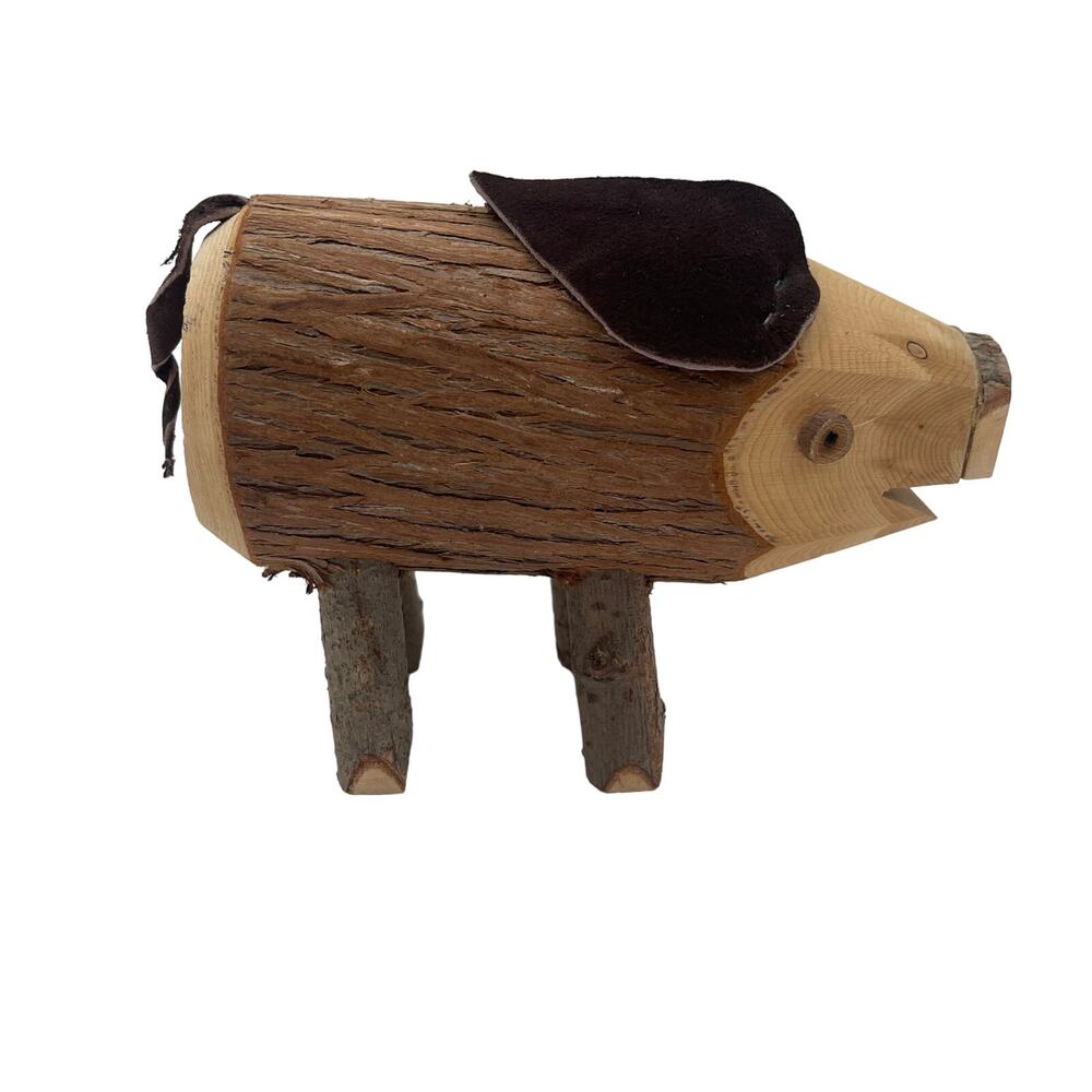 FOREST TREE PRODUCTS Pig 2.5"x4.5"x6" Wood Handmade 90s or 80s Vintage Leather